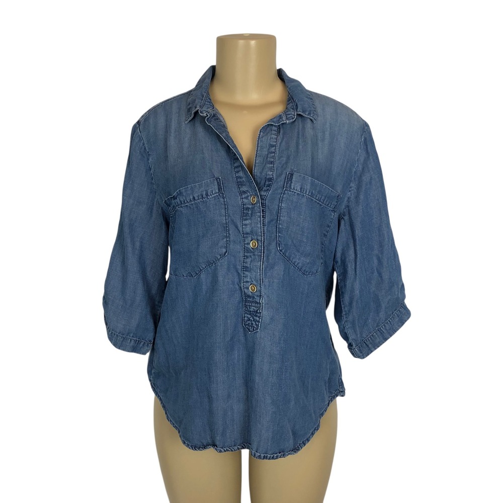 Anthropologie Cloth & Stone Chambray‎ Denim Roll Tab Sleeve Button Up Shirt M